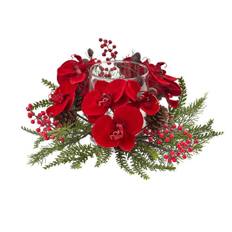 6" x 17" Artificial Orchid, Berry & Pine Holiday Candelabrum - Low Maintenance, Life-Like & Vibrant Silk Flowers For Busy People.