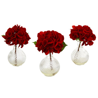 12" Artificial Red Hydrangea w/Glass Vase (Set of 3) - Low Maintenance, Life-Like & Vibrant Silk Flowers For Busy People.