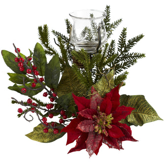 25" Artificial Poinsettia Candelabrum - Low Maintenance, Life-Like & Vibrant Silk Flowers For Busy People.