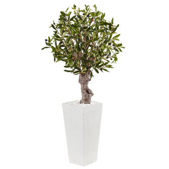 3.5' Artificial Olive Tree in White Tower Planter - Low Maintenance, Life-Like & Vibrant Silk Trees For Busy People.