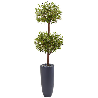 6' Artificial Olive Double Tree in Gray Cylinder Planter - Low Maintenance, Life-Like & Vibrant Silk Trees For Busy People.