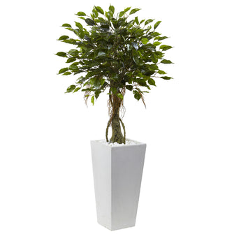 52" Artificial Ficus Tree with White Planter UV Resistant (Indoor/Outdoor) - Low Maintenance, Life-Like & Vibrant Silk Trees For Busy People.
