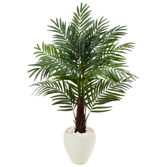 4.5' Artificial Areca Palm Tree in White Oval Planter - Low Maintenance, Life-Like & Vibrant Silk Trees For Busy People.
