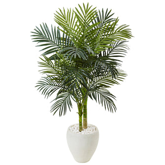4.5' Artificial Golden Cane Palm Tree in White Oval Planter - Low Maintenance, Life-Like & Vibrant Silk Trees For Busy People.