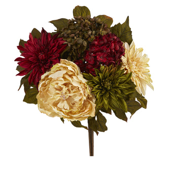 16" Artificial Peony, Hydrangea and Dahlia Flower Bouquet (Set of 2) - Low Maintenance, Life-Like & Vibrant Silk Flowers For Busy People.