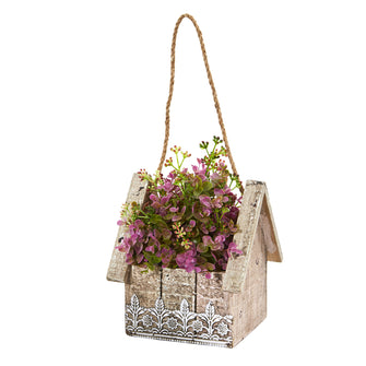 10.75" Artificial Sedum and Eucalyptus Plant in Birdhouse Hanging Basket - Low Maintenance, Life-Like & Vibrant Silk Plants For Busy People.
