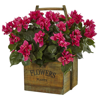 18" Artificial Bougainvillea in Rustic Wood Planter - Low Maintenance, Life-Like & Vibrant Silk Plants For Busy People.