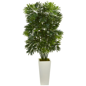 49" Mini Bamboo Palm Artificial Pant in White Tower Planter - Low Maintenance, Life-Like & Vibrant Silk Plants For Busy People.