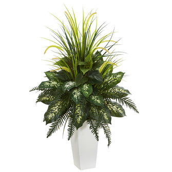 48" Artificial River Fern & Dogtail Plant in White Tower Planter - Low Maintenance, Life-Like & Vibrant Silk Plants For Busy People.