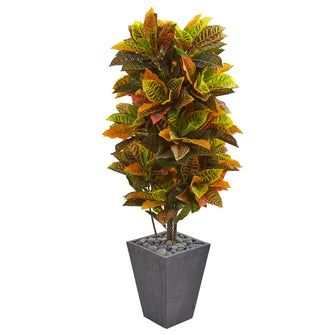 5.5' Artificial Croton Plant in Slate Planter (Real Touch) - Low Maintenance, Life-Like & Vibrant Silk Plants For Busy People.