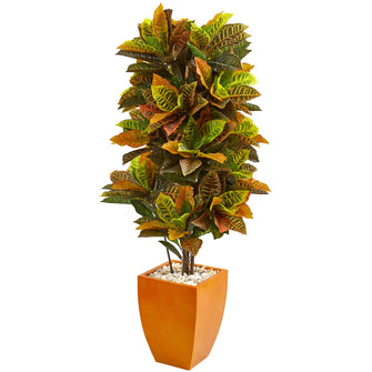 5.5' Croton Artificial Plant in Orange Planter (Real Touch) - Low Maintenance, Life-Like & Vibrant Silk Plants For Busy People.