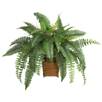 23" Artificial Boston Fern w/Wood Wicker Basket - Low Maintenance, Life-Like & Vibrant Silk Plants For Busy People.