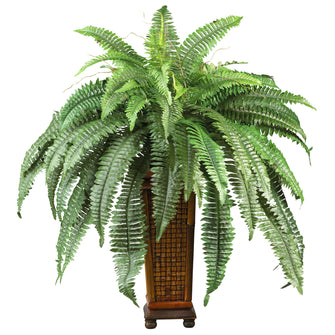 33" Artificial Boston Fern w/Decorative Wood Vase - Low Maintenance, Life-Like & Vibrant Silk Plants For Busy People.