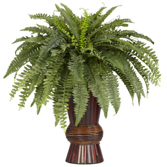 33" Artificial Boston Fern w/Bamboo Vase - Low Maintenance, Life-Like & Vibrant Silk Plants For Busy People.