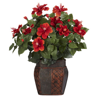 24" Artificial Hibiscus w/Vase Silk Plant - Low Maintenance, Life-Like & Vibrant Silk Plants For Busy People.