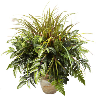 28" Artificial Mixed Greens & Grass w/Ceramic Planter - Low Maintenance, Life-Like & Vibrant Silk Plants For Busy People.