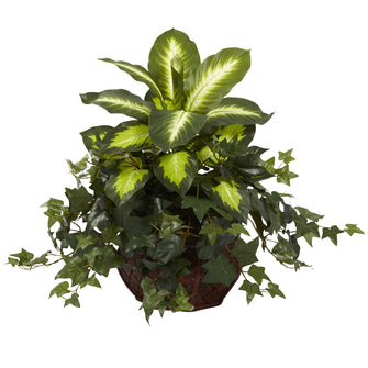 20" Artificial Dieffenbachia & Ivy w/Decorative Planter - Low Maintenance, Life-Like & Vibrant Silk Plants For Busy People.