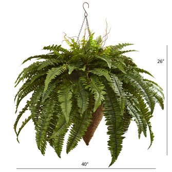 26" Artificial Giant Boston Fern with Cone Hanging Basket - Low Maintenance, Life-Like & Vibrant Silk Plants For Busy People.