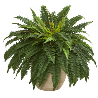 22" Artificial Boston Fern Plant in Sandstone Planter - Low Maintenance, Life-Like & Vibrant Silk Plants For Busy People.