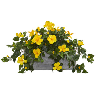 18" Artificial Hibiscus Plant in Stone Planter - Low Maintenance, Life-Like & Vibrant Silk Plants For Busy People.