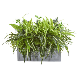 Mixed Greens and Fern Artificial in Stone Planter - Low Maintenance, Life-Like & Vibrant Silk Plants For Busy People.