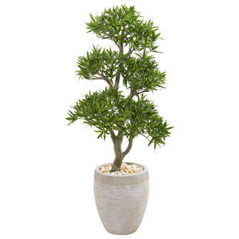 43" Artificial Bonsai Styled Podocarpus Tree in Sandstone Planter - Low Maintenance, Life-Like & Vibrant Silk Trees For Busy People.