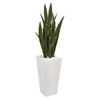 48" Artificial Sansevieria Plant in White Tower Planter - Low Maintenance, Life-Like & Vibrant Silk Plants For Busy People.