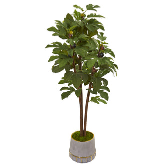 47" Artificial Fig Tree in Stoneware Vase with Gold Trimming - Low Maintenance, Life-Like & Vibrant Silk Trees For Busy People.
