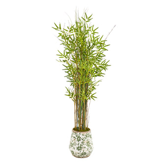 64" Grass Artificial Bamboo Plant in Floral Print Planter - Low Maintenance, Life-Like & Vibrant Silk Plants For Busy People.