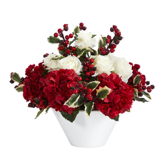 15" Artificial Rose, Hydrangea and Holly Berry Arrangement in White Vase, Low Maintenance, Life-Like & Vibrant Silk Flowers For Busy People.