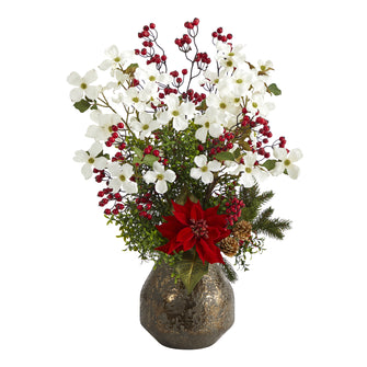 31" Artificial Poinsettia, Dogwood & Berry Arrangement in Vase - Low Maintenance, Life-Like & Vibrant Silk Flowers For Busy People.