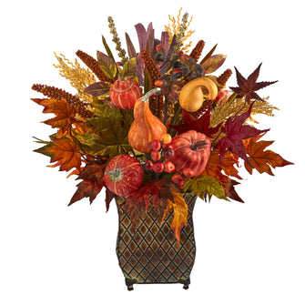 21" Artificial Pumpkin, Maple Leaf & Sorghum Harvest Arrangement in Metal Planter - Low Maintenance, Life-Like & Vibrant Silk Plants For Busy People.