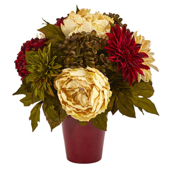 14" Artificial Peony, Hydrangea and Dahlia Arrangement in Burgundy Vase, Low Maintenance, Life-Like & Vibrant Silk Flowers For Busy People.