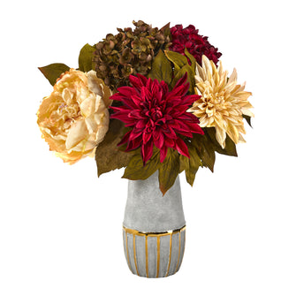 17" Artificial Peony, Hydrangea and Dahlia Arrangement in Stoneware Vase, Low Maintenance, Life-Like & Vibrant Silk Flowers For Busy People.