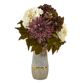 17" Artificial Peony, Hydrangea and Dahlia Arrangement in Stoneware Vase, Low Maintenance, Life-Like & Vibrant Silk Flowers For Busy People.