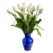 22" Artificial Dutch Tulip Arrangement in Blue Vase - Low Maintenance, Life-Like & Vibrant Silk Flowers For Busy People.