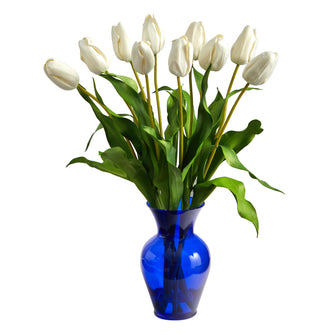 22" Artificial Dutch Tulip Arrangement in Blue Vase - Low Maintenance, Life-Like & Vibrant Silk Flowers For Busy People.