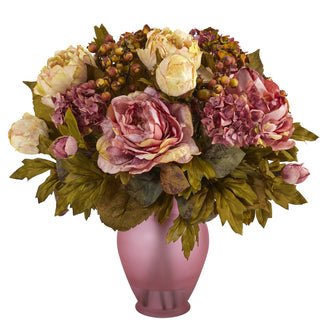 16" Artificial Peony Arrangement in Rose Colored Vase, Low Maintenance, Life-Like & Vibrant Silk Flowers For Busy People.