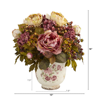 16" Artificial Peony Arrangement in Floral Vase, Low Maintenance, Life-Like & Vibrant Silk Flowers For Busy People.