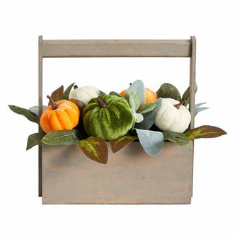 8" Artificial Pumpkin Autumn Arrangement in Wood Basket, Low Maintenance, Life-Like & Vibrant Silk Plants For Busy People