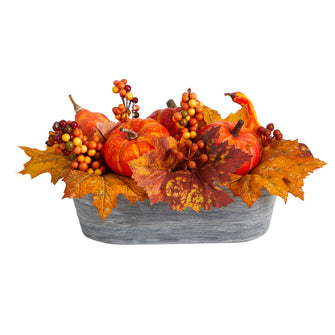 12" Artificial Autumn Pumpkin & Berries Arrangement in Washed Vase, Low Maintenance, Life-Like & Vibrant Silk Flowers For Busy People.