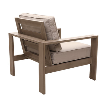 Outdoor Arm Chair In Aluminium, Remains Rust Free With UV Repellent Powder Coat Finish, Includes All-Weather Cushions, Invites You To Sink In & Relax.