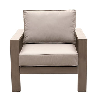 Outdoor Arm Chair In Aluminium, Remains Rust Free With UV Repellent Powder Coat Finish, Includes All-Weather Cushions, Invites You To Sink In & Relax.