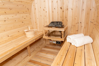 Dundalk CT Tranquility Barrel Sauna, Seats 6 - 8 People, Crafted In Canada From White Cedar