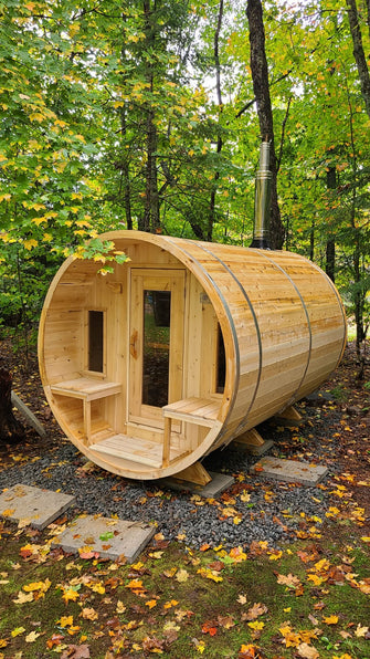 Dundalk CT Tranquility Barrel Sauna, Seats 6 - 8 People, Crafted In Canada From White Cedar