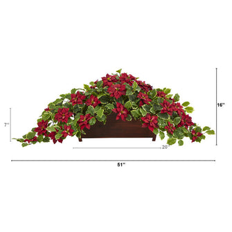 16" x 51" Artificial Poinsettia & Variegated Holly Plant in Decorative Planter (Real Touch) - Low Maintenance, Life-Like & Vibrant Silk Flowers For Busy People.