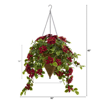 3.5퀁Íí€äó_í‰äóÁí€äó_퉌¢ Poinsettia and Variegated Holly Artificial Plant in Hanging Cone Basket (Real Touch)