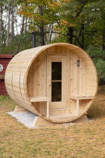 Dundalk CT Serenity Barrel Sauna, Hand Made In Canada From White Cedar & Delivered Free.