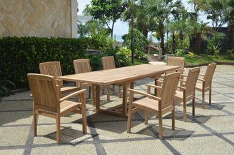 Memorable Bahama Sahara 9-Piece Dining Set In Teak, With Stackable Chairs For Easy Storage, Set Delivered Free In 5-9 Days.