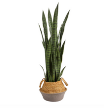 46" Artificial Sansevieria Plant in Boho Chic Handmade Cotton & Jute Gray Woven Planter - Low Maintenance, Life-Like & Vibrant Silk Plants For Busy People.